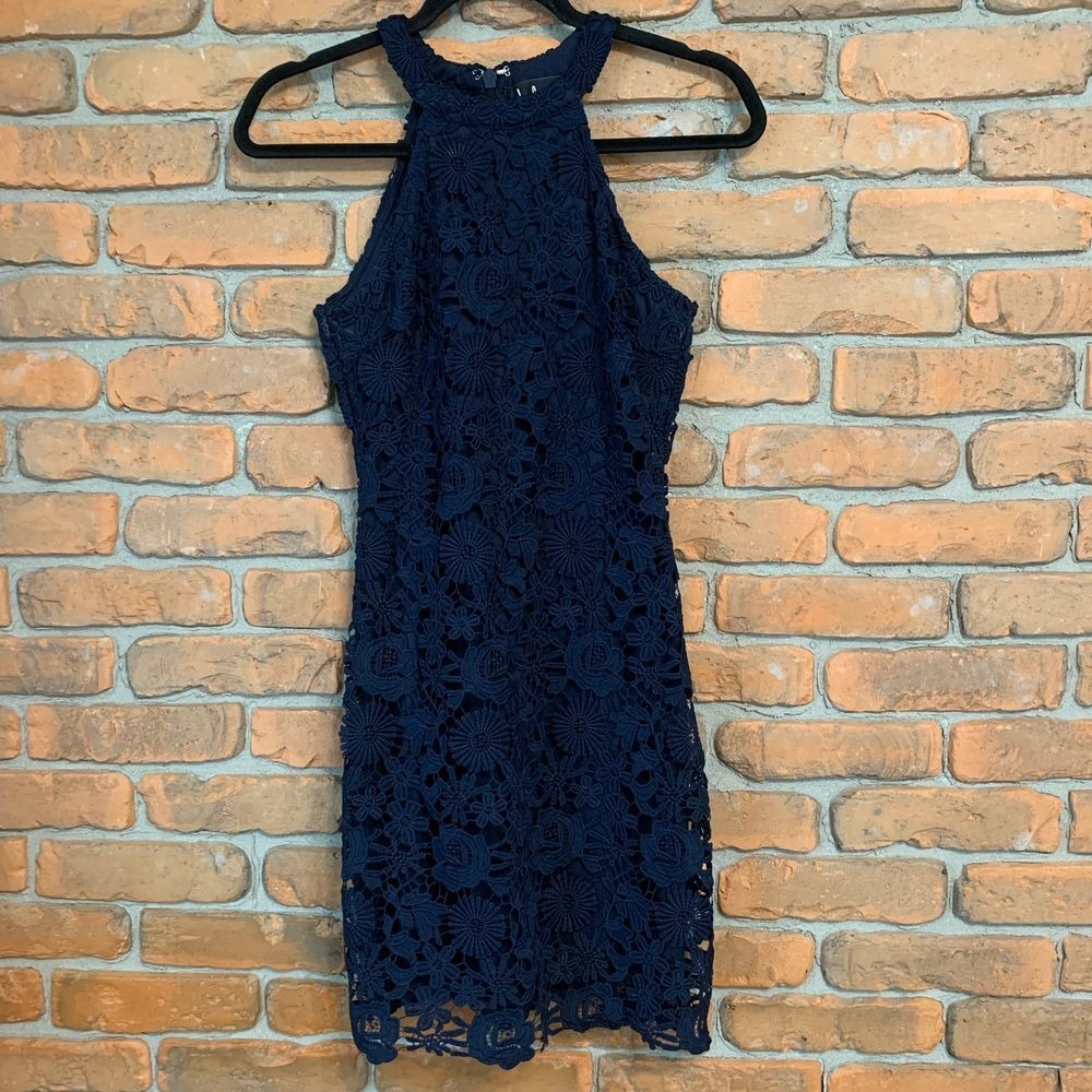 Lulus Love Poem Lace Halter Dress Womens Small Navy Floral Sleeveless Cocktail